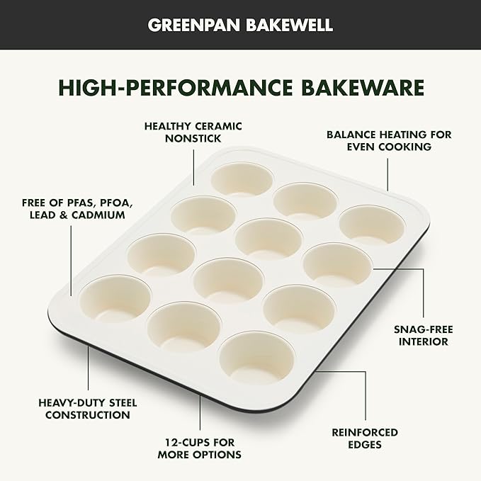 GreenPan Bakewell 12-Cup Muffin Pan, Healthy Ceramic Nonstick Bakeware, PFAS-Free Cupcake Mold, Durable Baking Tray, Versatile Kitchen Essentials, Easy Clean Ovenware, Black