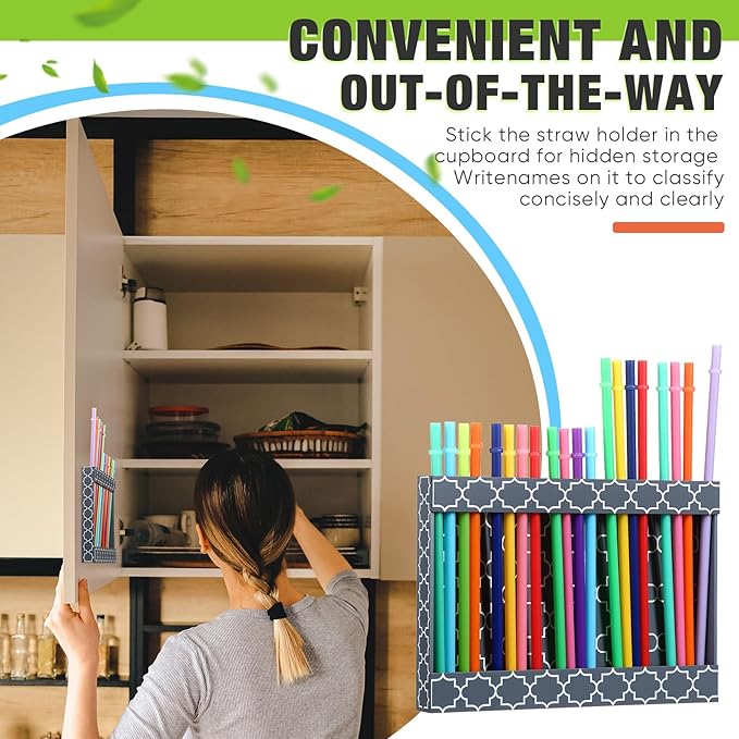 Qinyoung Acrylic Straw Holder for Cabinet Door with Double Sided Adhesive Tape Reusable Straw Organizer Tumbler Storage Kitchen Accessories Container for Counter Cupboard(White Lines,Large,Grey)