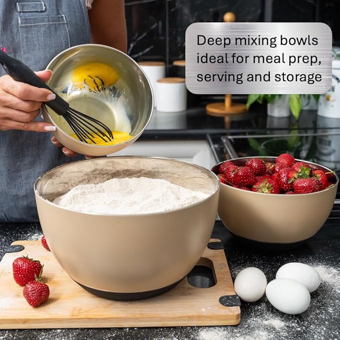 WHYSKO Stainless Steel Mixing Bowls Set of 3 with Non-Slip Silicone Base, Nesting Metal Bowls for Meal Prep, Baking, Cooking & Food Storage, Dishwasher Safe Kitchen Mixing Bowls, Tan