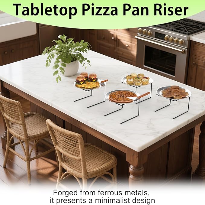 4 PCS Pizza Stand Holder, Black Metal Pizza Pan Display Stands for Buffet Restaurant Home, 4 Pizza Pan and 2 Wood Handle Pie Server