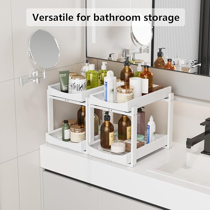 Bamboo Under Sink Organizer Adjustable Height 2 Tier Bathroom Organizer Pull Out Cabinet Storage Kitchen Heave Duty Wood Slide Ou Shelf for Kitchen Bathroom (Black, 2 Packs) (White, 2 Packs)