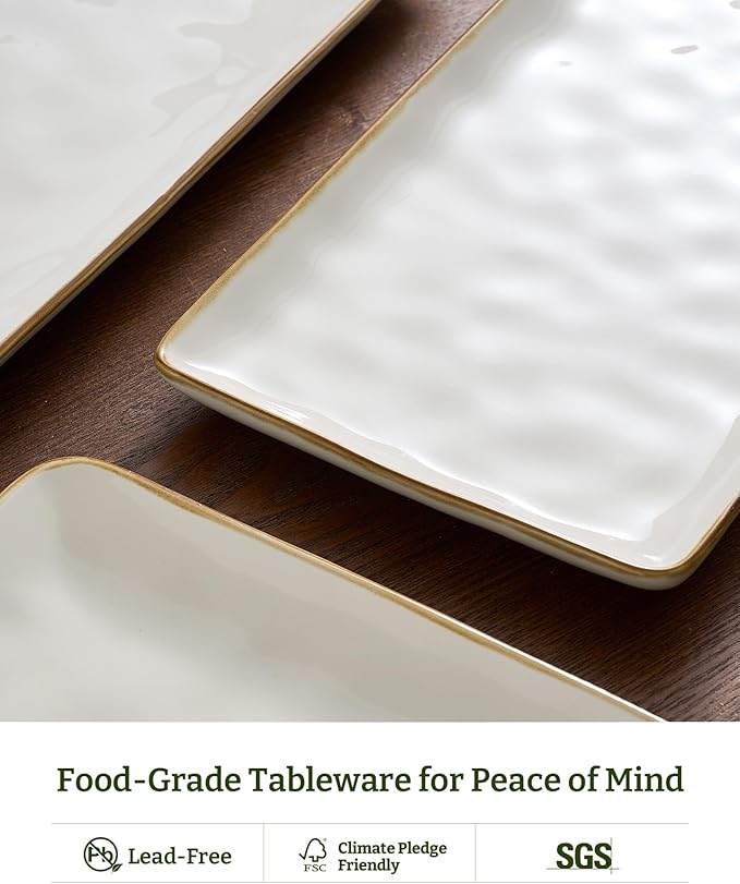 Famiware Serving Platter, Rectangular 15.67/14.1/12.6inch Serving Dishes for Entertaining, Microwave Dishwasher Safe, Stoneware Serving Trays for Party, Turkey, Cheese, Ocean Series, Vanilla White