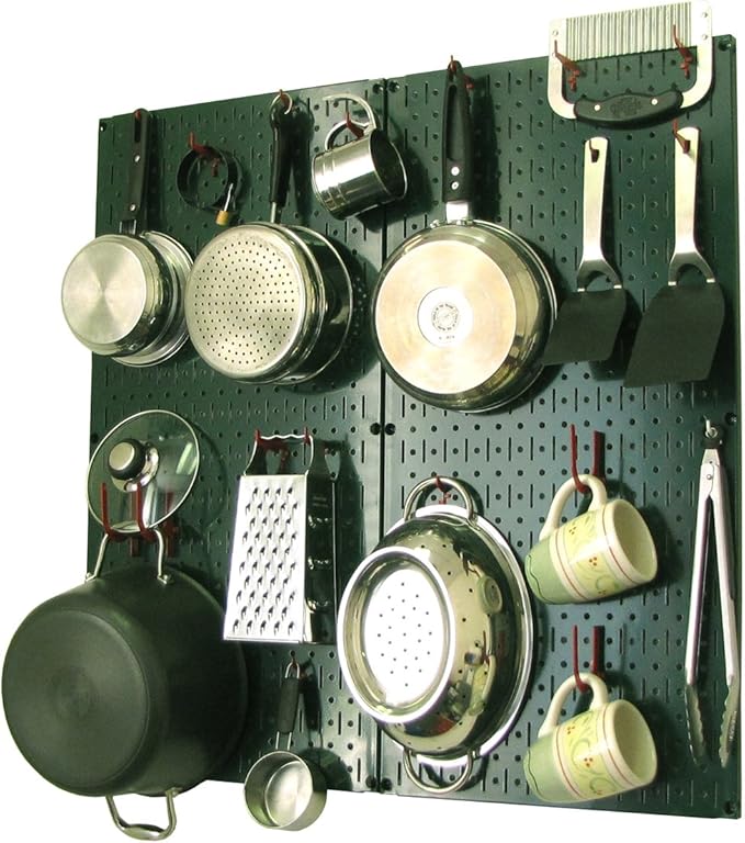 Wall Control Kitchen Pegboard Organizer Pots and Pans Storage Rack Organization Kit with Green Pegboard and Red Accessories