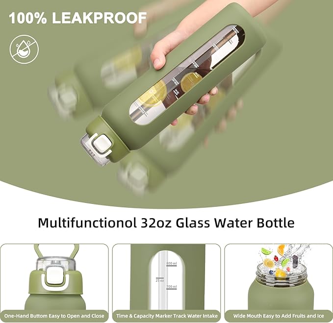 chunmo 32 oz Glass Water Bottles with 2 Lids-Handle Spout Lid & Straw Lid, 1 Liter Motivational Borosilicate Water Bottle with Time Marker and Silicone Sleeve,Leakproof-Army Green-1 Pack