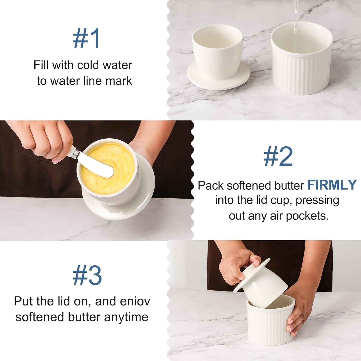 Large Butter Crock Bell for Counter with Water Line, Butter Keeper, Ceramic French Butter Dish Holder for Fresh Spreadable Soft Butter (White, 8 Ounce)