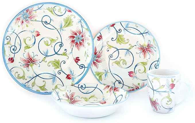 Tudor Royal Collection 24-Piece Round Dinnerware Set, Service for 6, Botanical Design, Summer Flowers, Plates Bowls Mugs Dishes, High-Gloss Premium Quality