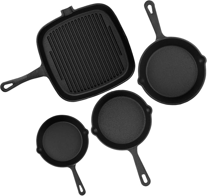 4 Pieces Cast Iron Skillet Set, Frying Pan and Grill Pan Set with Silicone Handle Covers, Non-Coated Cookware Kit for Stove Oven, Grill, Heavy Duty Kitchen Pans