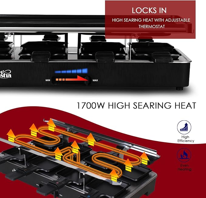Artestia 2-in-1 1700W Adjustable Temperature Raclette Grill with Granite Stone & Non-Stick Cast Aluminum Plates | Includes 8 Mini Pans & Spatulas | Extended Power Cord | Perfect for Family Gatherings