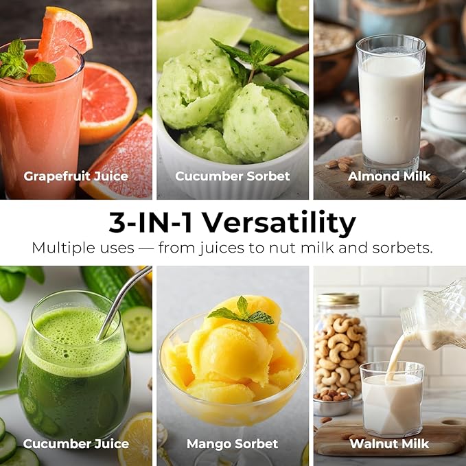 EanOruus Juicer Machines, 3-in-1 Cold Press Juicer with 6.5" Extra Large Chute, 100oz Large Capacity, AC Motor, Makes Juice, Nut Milk & Sorbet, Premium Gray