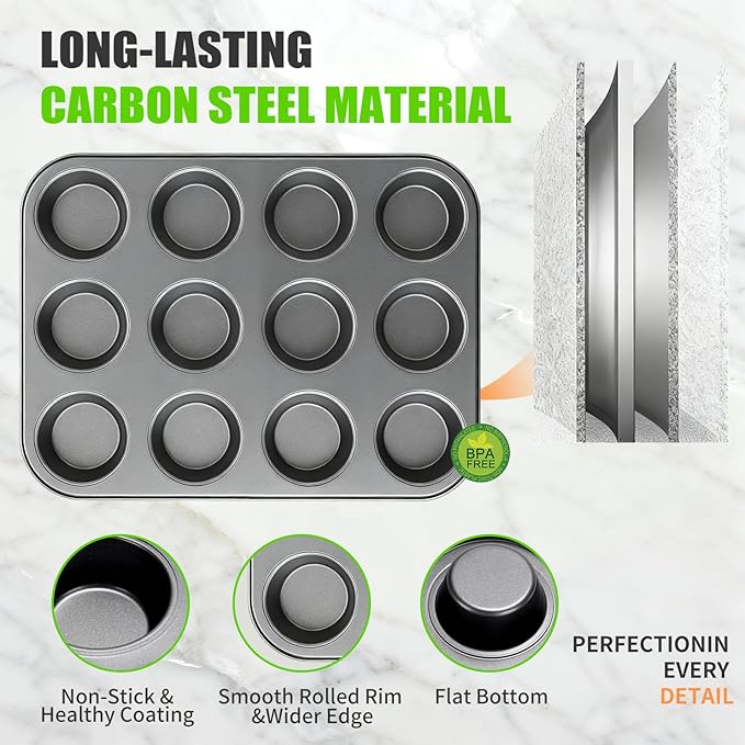Muffin Pan for Baking, Nonstick Cupcake Tin 12 Cup, 2 Pack Cup Cake Tray, Premium Cheesecake Pans, Dishwasher Safe- Carbon Steel