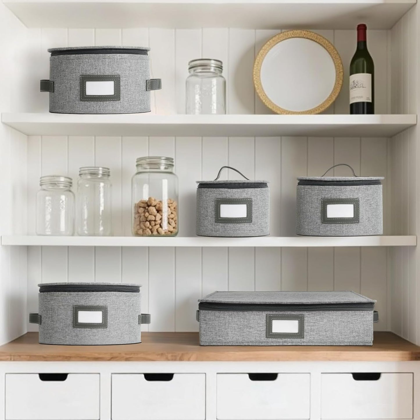 HOMELUX THEORY Hard Shell China Storage Containers, 5pc Light Gray Mug & Plate Storage Box, Kitchen Storage Bins With Lids, Heavy Duty Moving Box with Handles for Glassware, Stemware, Cup & Mug