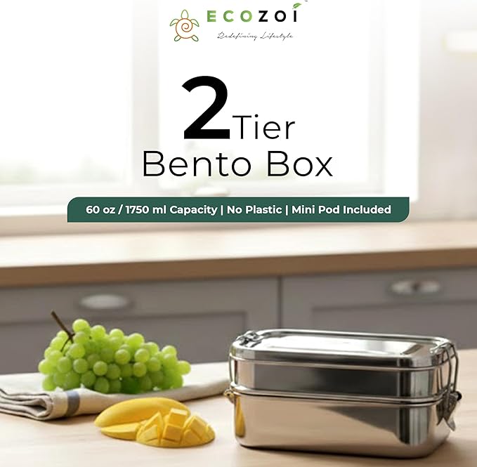ecozoi Stainless Steel Lunch Box – 2 Tier Bento Box with Bonus Pod & 3 Compartments – Leak Proof Stainless Steel Lunch Box – Plastic Free, Eco Friendly, Dishwasher Safe, 60 oz