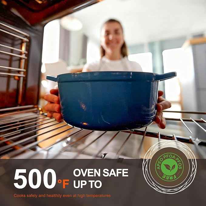 Overmont Enameled Cast Iron Dutch Oven - 5.5QT Pot with Lid Cookbook & Cotton Potholders - Heavy-Duty Cookware for Braising, Stews, Roasting, Bread Baking Blue