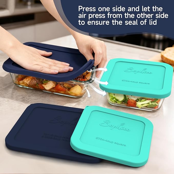 Sophico Silicone Storage Lids Cover Replacement for Pyrex Freshlock SNAPWARE 4CUP(8704), 6/8-Cup Glass Bowls (7211R/8608) Glass Bowls Containers Set, Airtight Lids, 4 Pack