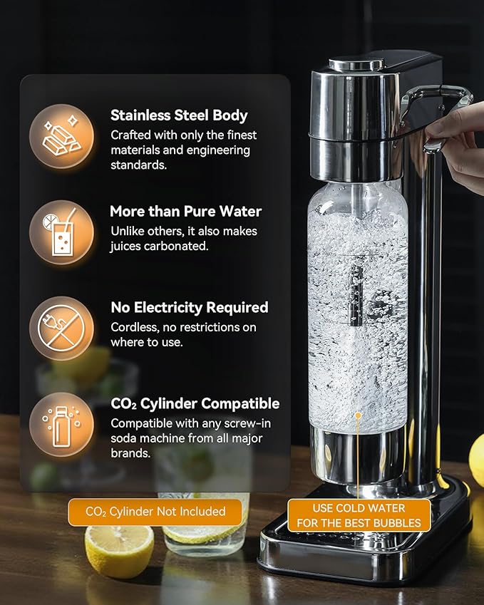 MOKKOM Sparkling Water Maker, Soda Maker with 1L PET Carbonating Bottle, Soda Streaming Machine and Beverage Carbonator, Compatible with 60L CO2 Carbonator (NOT Included) - Stainless Steel