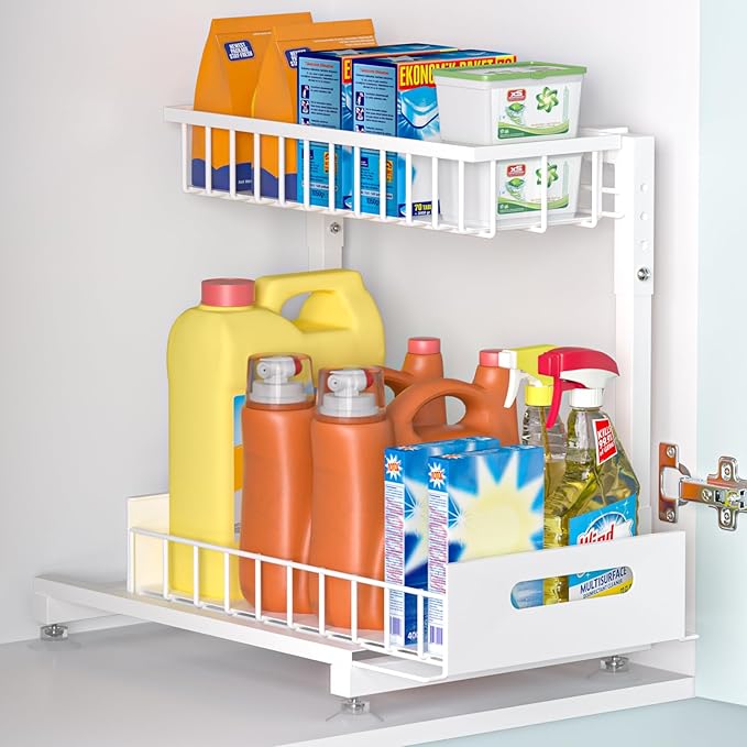 L-Shaped Under Sink Organizer, 2-Tier Pull Out Metal Kitchen Cabinet Organizer with Sliding Storage Drawer, Height Adjustable Heavy Duty Under Bathroom Sink Storage for Cleaning Supplies 1 Pack