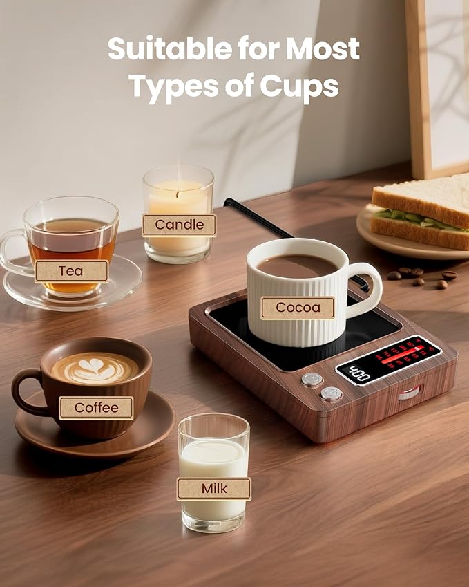Gaiatop Coffee Mug Warmer, 36W Fast Heating, 5 Temp Settings, 0.5-9H Timer, for Water Milk Tea Cocoa, Smart Candle Warmer, Ideal Gifts for Family, Mom, Fits Most Cups - Wood