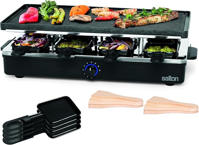 Salton Raclette Indoor Electric Party Grill & Raclette, 8 Person, Black