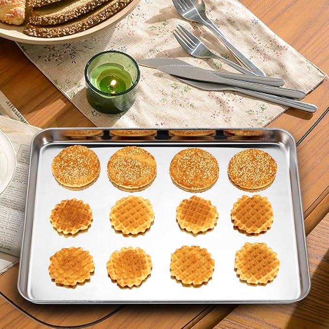 Baking Sheets Set of 2, Bastwe 16 inch Cookie Sheets & Stainless Steel Baking Pans & Toaster Oven Tray Pans, Rectangle Size 15.95L x 11.97W x 1H inch, Non Toxic & Healthy, Mirror Finish & Rust Free