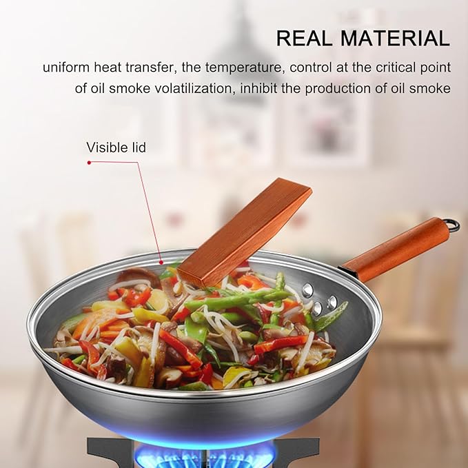 Wok Pan with Lid, 12.6in Woks & Stir Fry Pans No Chemical Coated Flat Bottom Chinese Wok for Induction, Electric, Gas, All Stoves