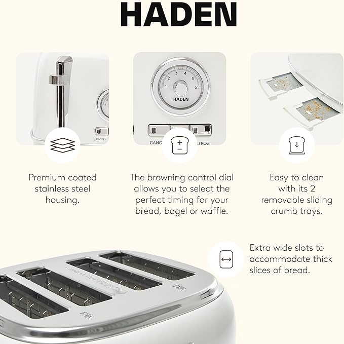 Haden Dorset 4 Slice Wide Slot Stainless Steel Toaster with Adjustable Browning Control & Non-Slip Feet, Ivory & Chrome