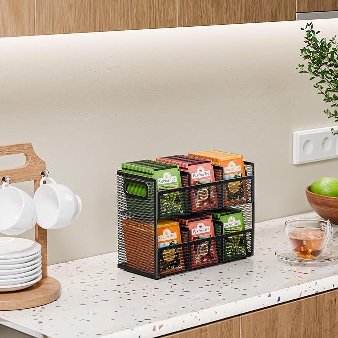 2 Tier Tea Bag Organizer, Mesh Tea Bag Holder with Handle, Teabag Holder, Tea Station Organizer for Countertop, Pantry, Kitchen, Cabinet -Black