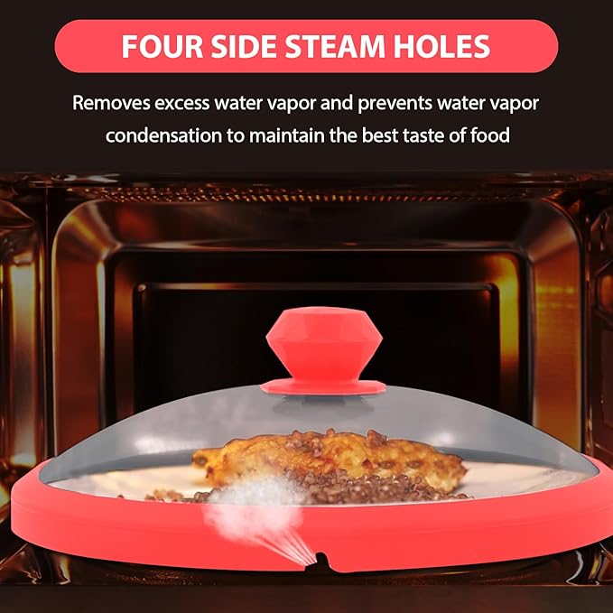 Microwave Glass Cover Splatter Guard Lid with Anti-scald Silicone Handles and Vented Edge for Food Pot Plate Cover 10.5 inch Red