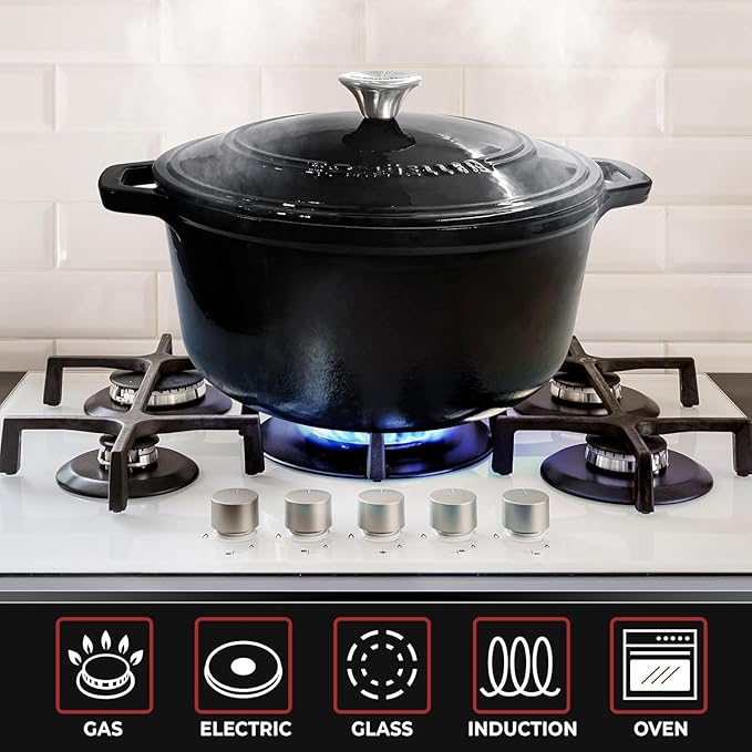 MUELLER HOME 7.5 QT Enameled Cast Iron Dutch Oven, Heavy-Duty, Oven-Safe up to 500° F & Across All Cooktops, Casserole Dish and Braiser Pan with Lid and Stainless Knob, Black