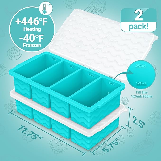 Doasuwish Silicone Freezer Molds for Soup with Lid – 1-Cup Soup Container Style Ice Cube Trays for Freezer, Meal Prep & Food Storage, Freeze 250mL/125mL Portions – 2 Pack