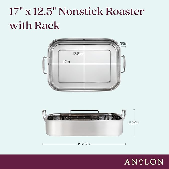 Anolon Triply Clad Stainless Steel Roaster / Roasting Pan with Rack - 17 Inch x 12.5 Inch, Silver