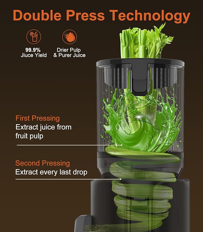 Juicer Machines, 5.3" Large Feed Chute Cold Press Juicer with Double Press Technology, 400W Motor, High Juice Yield, Easy to Clean, Masticating Juicer for Whole Vegetables & Fruits, Dark Black