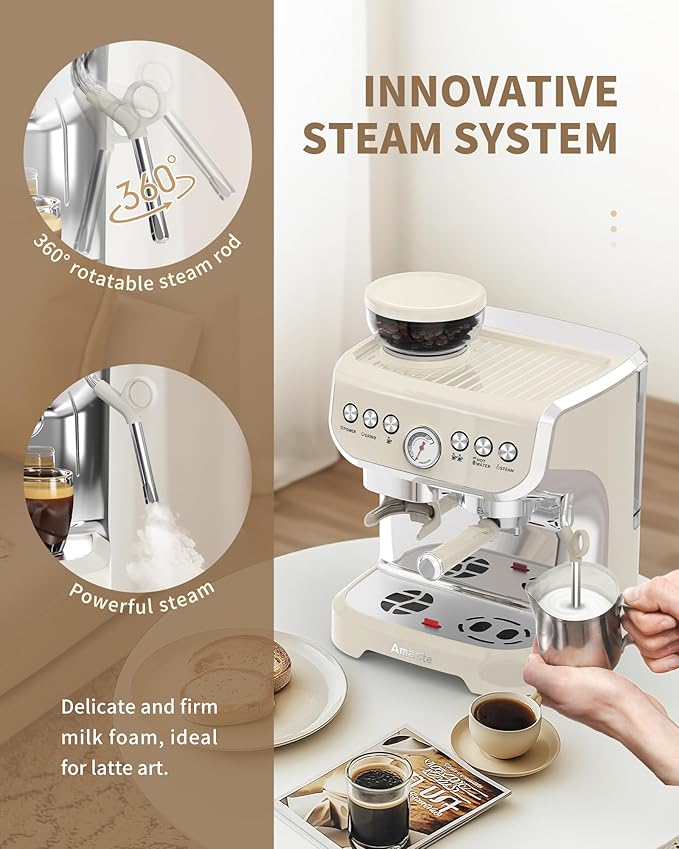 Amaste Espresso Machine with Grinder, 15 Bar Espresso Machine with Steam Wand for Latte and Cappuccino, 68Oz Water Tank, Pre-Infuse Brewing, Espresso Coffee Maker for Home Use, Barista Kit, White