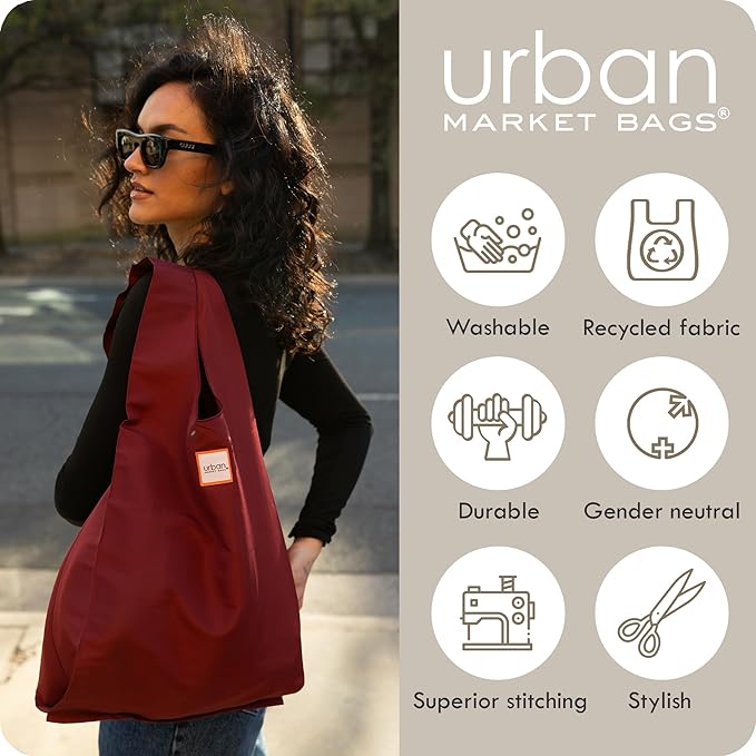 Urban Market Bags - Ocean - 3 Foldable Reusable Shopping Bags in 1 Compact Pouch, Luxury Quality, Durable Fabric, Holds 50+ lbs, Machine Washable, Pouch Fits in Cupholder, Designed in California