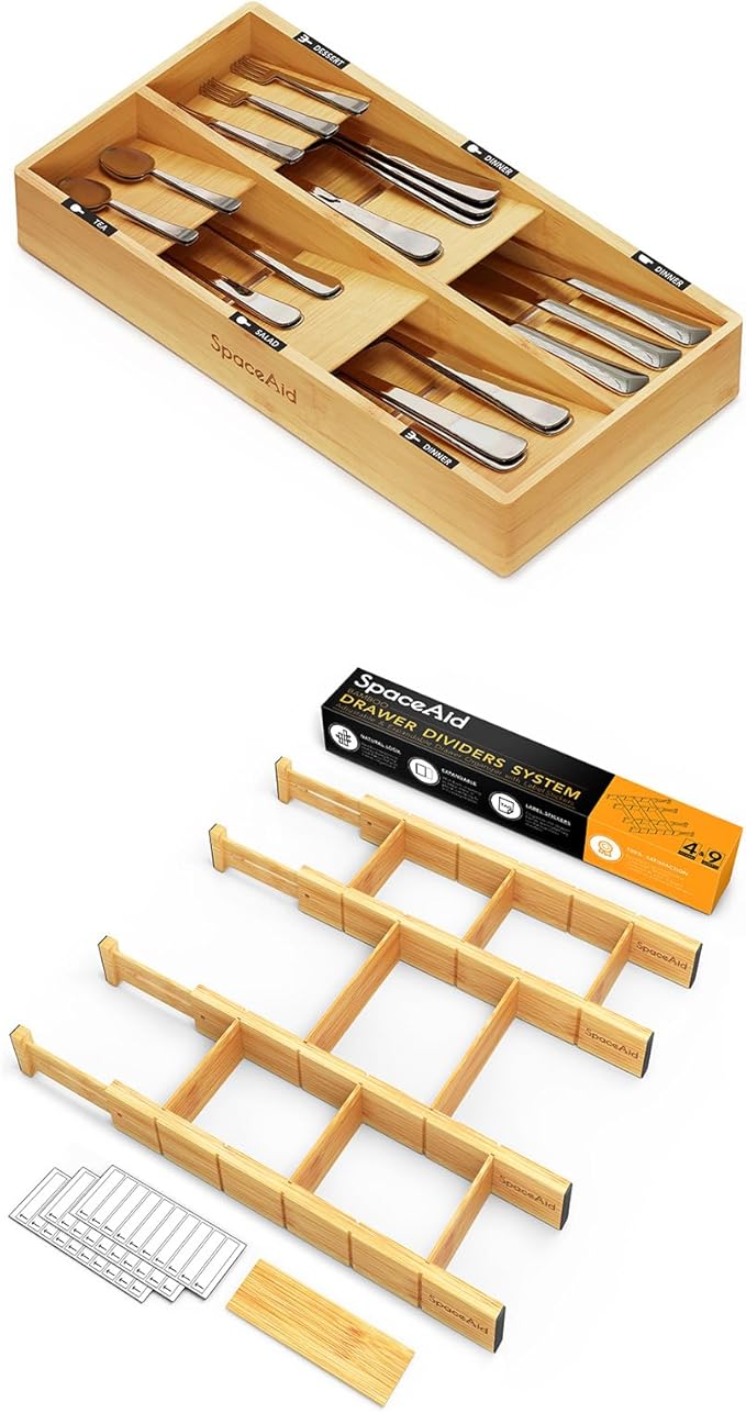 SpaceAid Bamboo Silverware Drawer Organizer with Labels (Natural, 6 Slots) Bamboo Drawer Dividers with Inserts