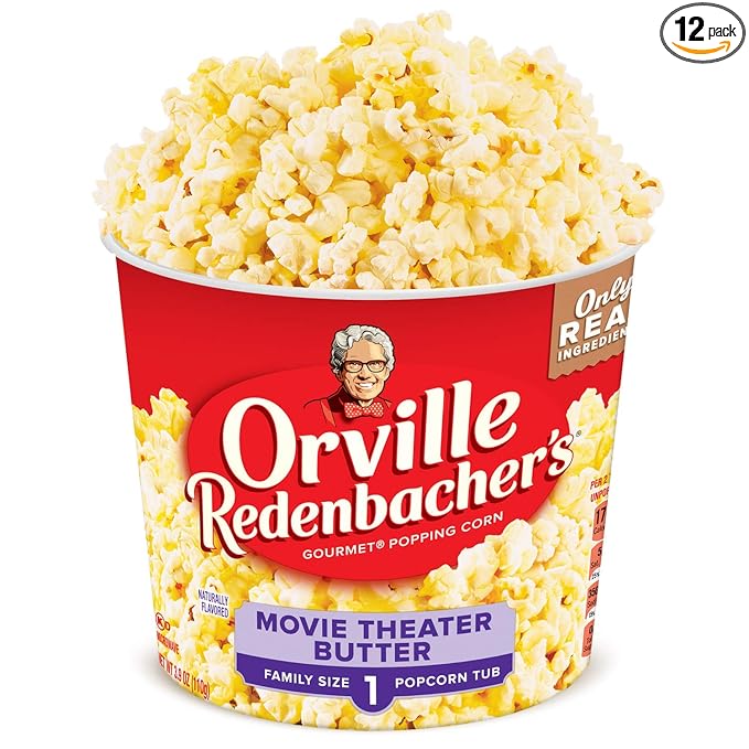 Orville Redenbacher’s Microwave Popcorn + Tub, Movie Theater Butter Flavor, 3g Fiber Per Serving, 3.9 oz. (12 Boxes)