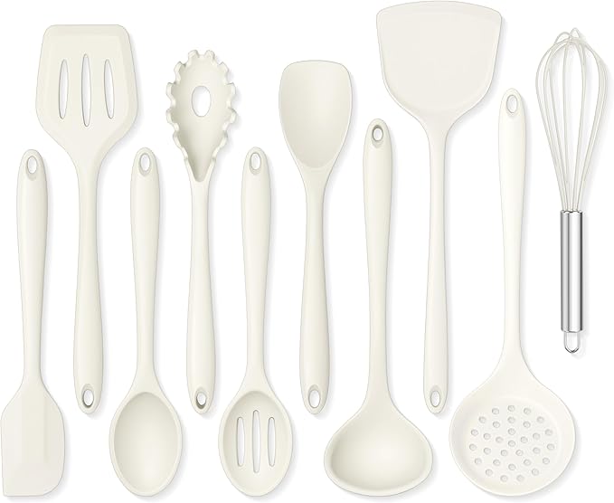 Onader Kitchen Cooking Utensils Set of 10, Silicone Utensils Set for Cooking, Includes Non Toxic Turner Spoon Spatula Whisk Pasta Server - White