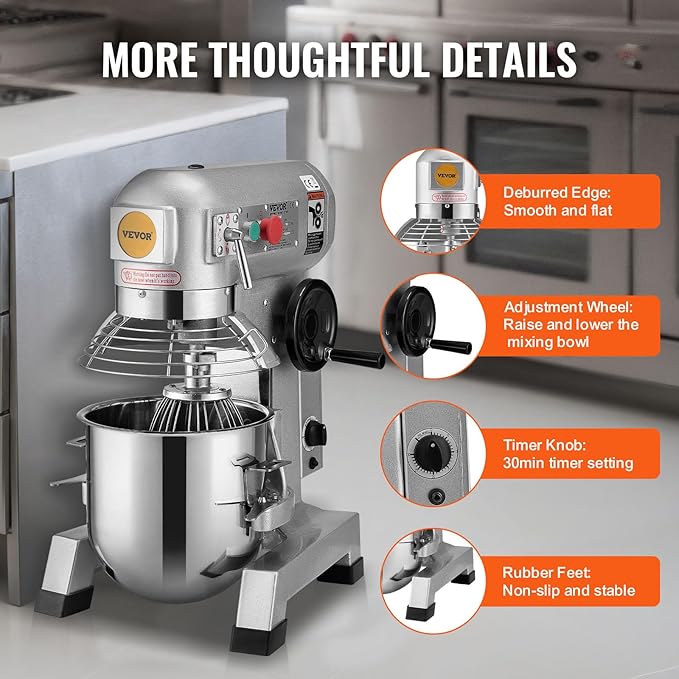VEVOR Commercial Mixer, Commercial Food Mixer 10Qt Stainless Steel Bowl, 450W Commercial Stand Mixer with 3 Speeds Adjustable, Dough Hook Whisk Beater Included, Perfect for Bakery Pizzeria, Silver