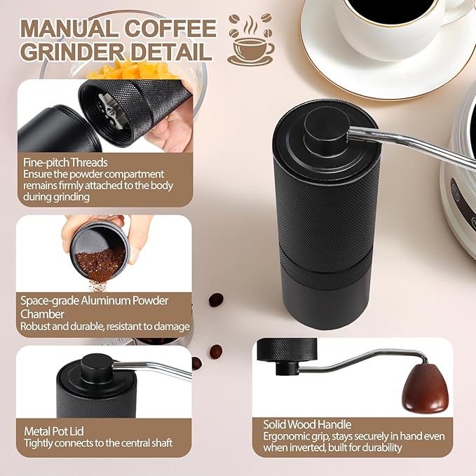 Detachable Manual Coffee Grinder with 25 Level Stainless Steel Conical Burr Portable Aluminum Coffee Bean Grinder Suitable for Moka Pot Espresso French Press Pour Over Maker Easy Cleaning with Brush