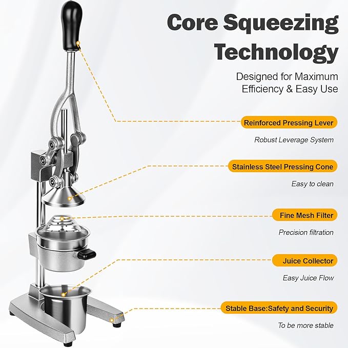 Manual Citrus Juicer, Hand Press Lemon Squeezer - Heavy Duty Cast Iron Juicer Press with Stainless Steel Cone, Efficient for Orange Lime Lemon, Easy to Clean GRAY