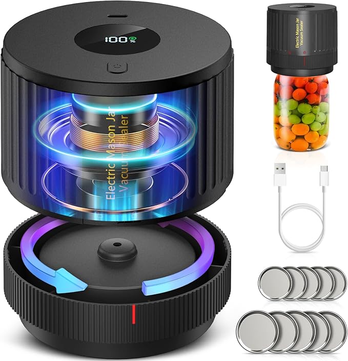 ATTIKBIZ Mason Jar Vacuum Sealer - Electric Vacuum Sealer for Jars with Wide and Regular Mouth Mason Jars, Vacuum Sealing Machine for Food Storage - Black