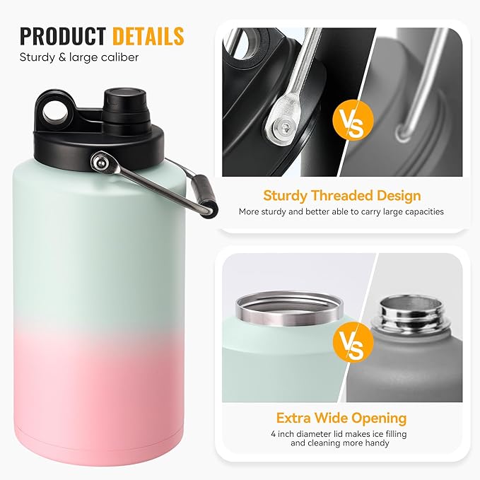 Kerilyn Insulated Gallon Jug with Handle, One Gallon, 128oz Stainless Steel, Large Double Vacuum Water Bottle for Hot & Cold Drinks, Wide Mouth, Sweat Proof, Great for Travel, Camping, Tricolor