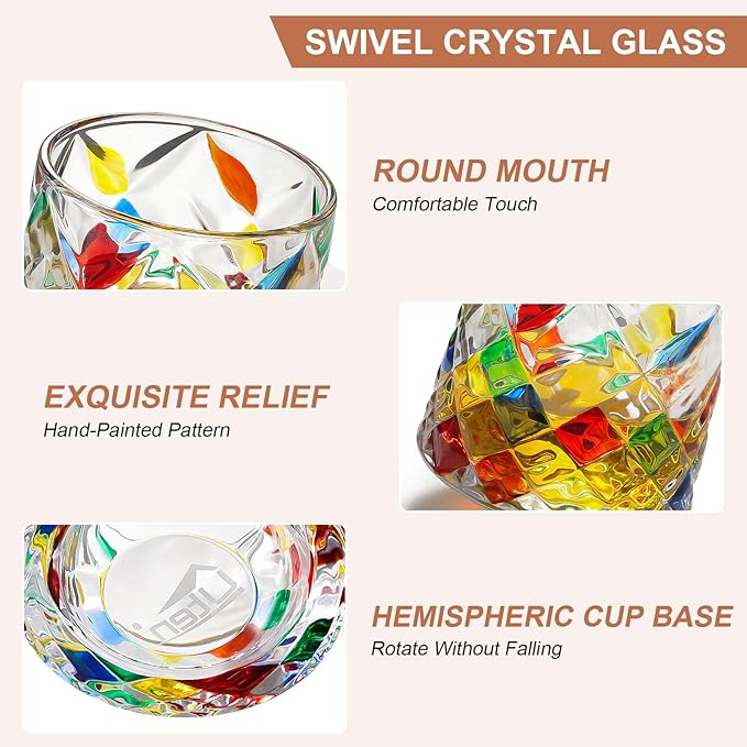Rotatable Old Fashioned Glass Cup, 275ml/10oz Crystal Whiskey Glass Set of 2, Wood Coaster, Thickening, Used as Rum Glass, Cocktail, Coffee, Milk Cup to Relax and Reduce Stress