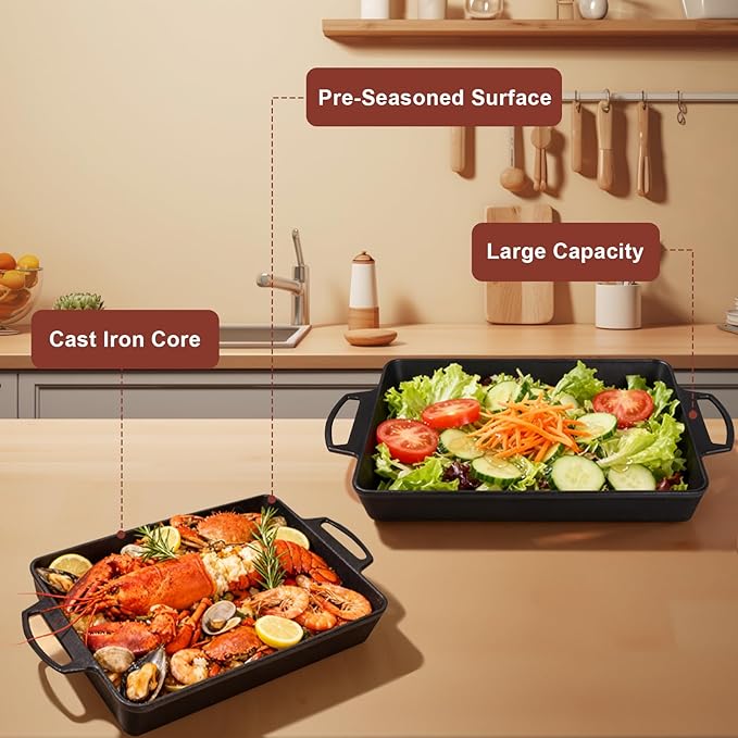 KEESHA 9x13 Inch Cast Iron Detroit Pizza Pan, Pre-Seasoned 4.8 Quart Deep Baking Dish for Casserole, Focaccia, Lasagna, Sicilian Bread, Oven & Grill Safe