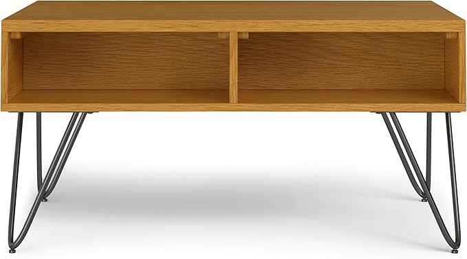 SIMPLIHOME Hunter Small Lift Top Coffee Table - 36 inch Wide Oak Veneer and Metal Industrial Cocktail Table in Oak, Living Room Table with Hidden Storage, 2 Cubbies, and Hairpin Legs