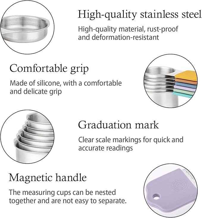 Magnetic Measuring Cups and Spoons Set, Including 7 Stainless Steel Nesting Measuring Cups and 5 Magnetic Measuring Spoons for Cooking & Baking (Colorful)