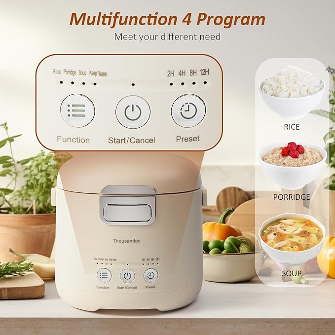 Small Rice Cooker, Mini Rice Cooker 2 Cup Uncooked(4 Cup Cooked), Portable Non-stick Electric Rice Maker, for Dorm Travel Office 1-2 Person, 12 Hours Timer Delay & Keep Warm, Beige