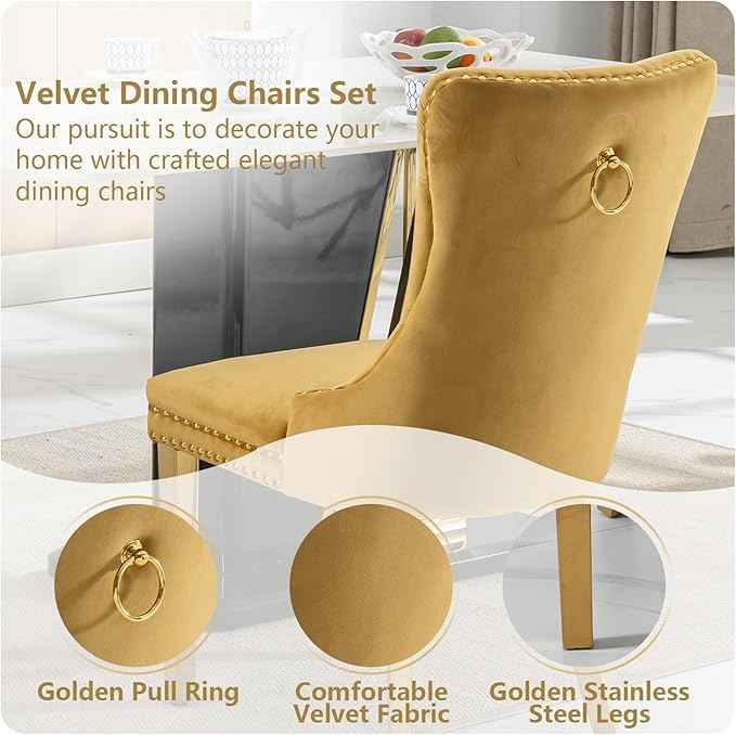 Gold Velvet Dining Chairs Set of 2, Kitchen & Dining Room Chairs, Tufted Upholstered Dining Room Chair, Back Ring Pull Trim, Golden Stainless Steel Legs, Gold