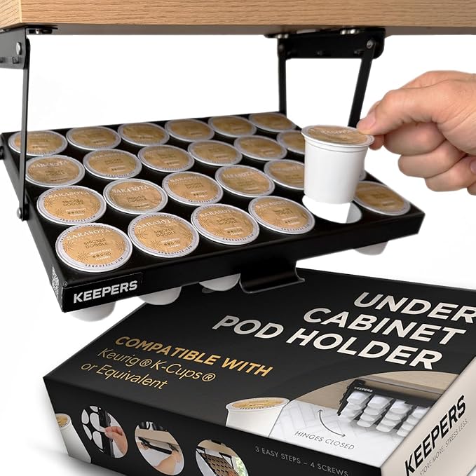 COFFEEKEEPERS KEEPERS Under Cabinet K Cup Holder with Swing-Down Access – Space-Saving Coffee Pod Holder and K Cup Organizer for 24 Pods – Steel Coffee Pod Organizer with Easy DIY Installation