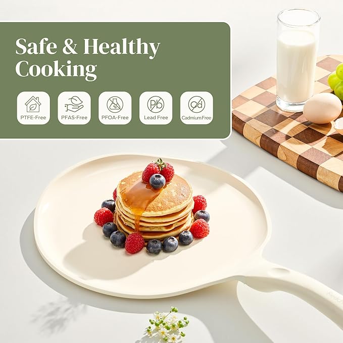 Redchef Nonstick Crepe Pan 12 Inch with Ceramic Coating, Non Stick Flat Skillet, Professional Pancake Griddle Pan, Induction Compatible, PFAS/PFOA/PTFE Free, Stay-Cool Handle (Beige White)