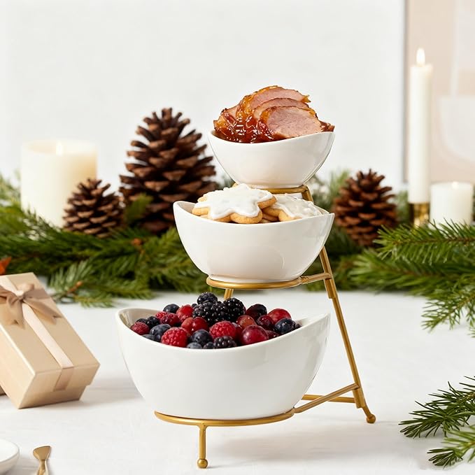 Gomakren 3 Tiered Oval Serving Bowl with Collapsible Metal Rack, Chip and Dip Serving Set, Dessert Appetizer Bowl Set (45oz / 17.5oz / 7oz), White Serving Bowls For Entertaining (Gold Stand)
